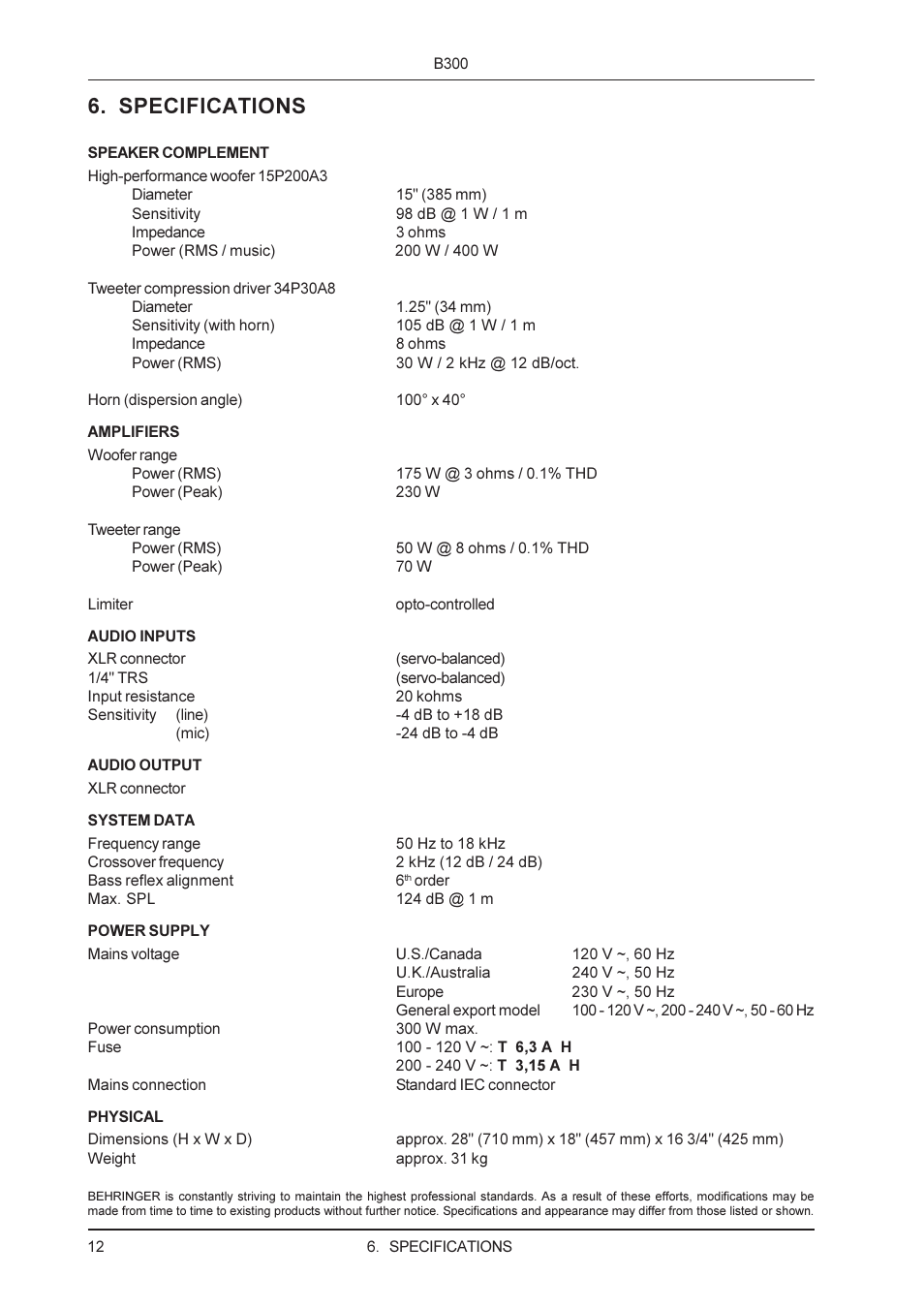 Specifications | Behringer B300 User Manual | Page 12 / 13