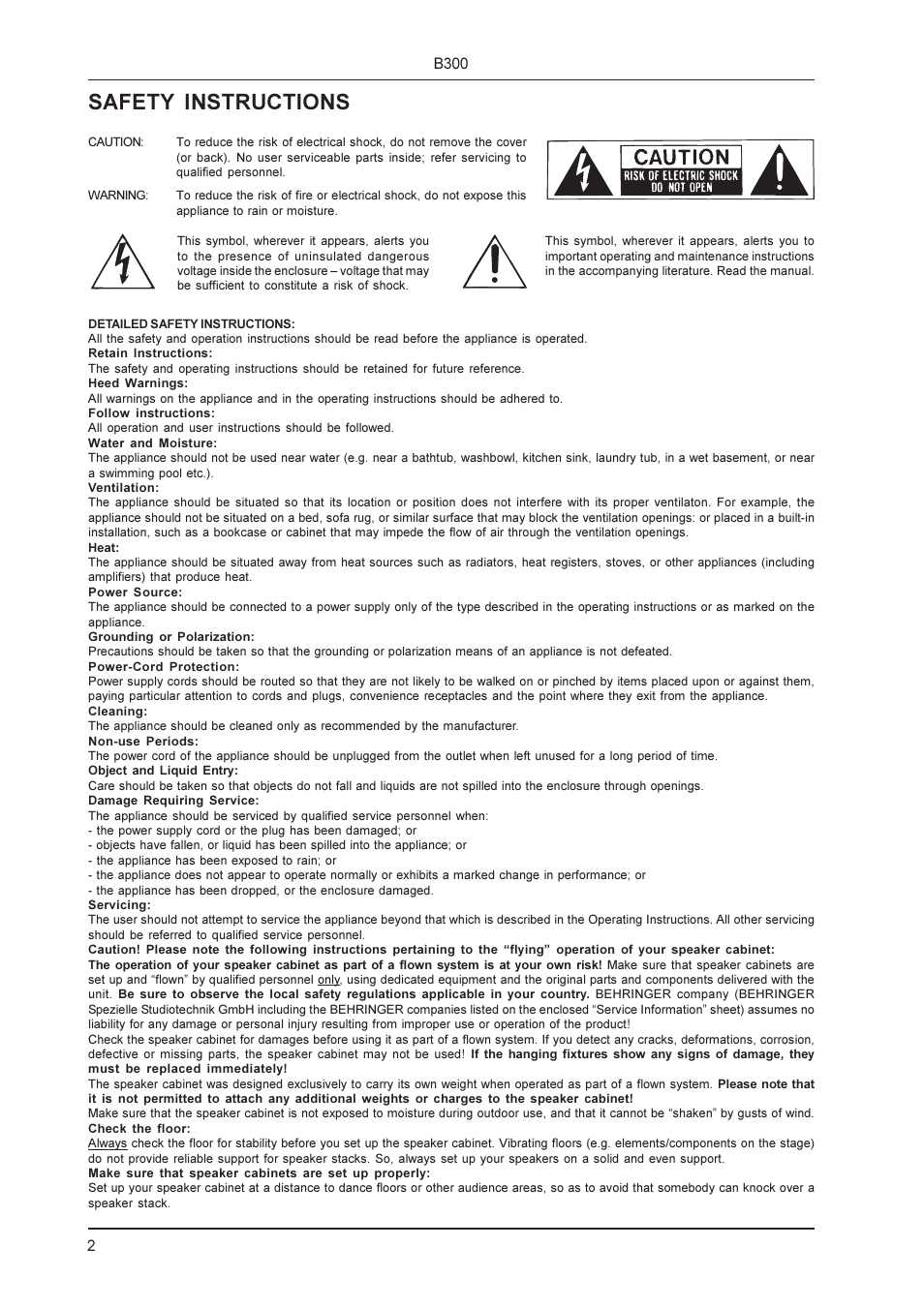 Safety instructions, 2b300 | Behringer B300 User Manual | Page 2 / 13