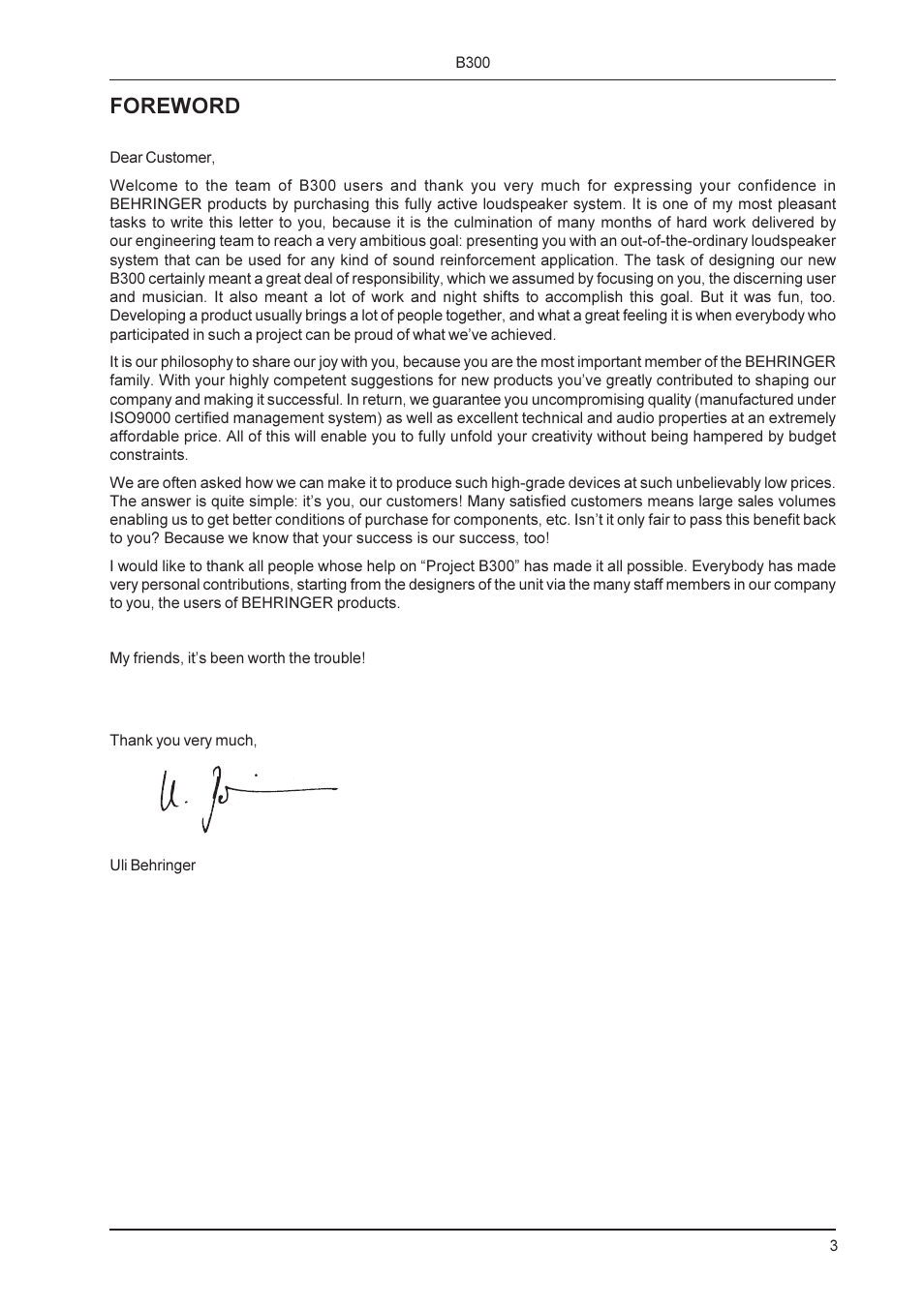 Foreword | Behringer B300 User Manual | Page 3 / 13