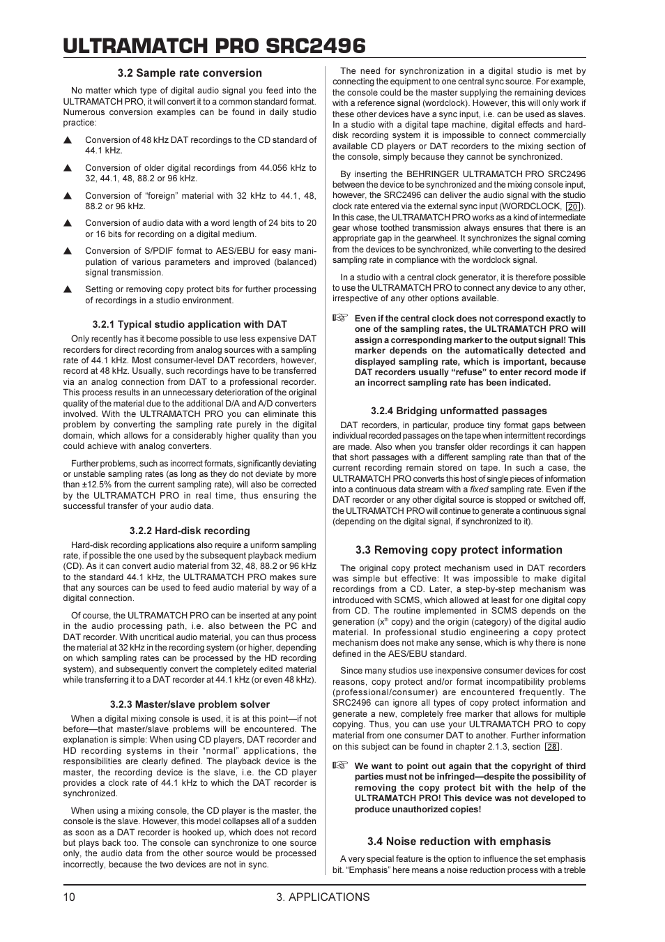Ultramatch pro src2496, Applications 3.2 sample rate conversion, 3 removing copy protect information | 4 noise reduction with emphasis | Behringer SRC2496 User Manual | Page 10 / 16