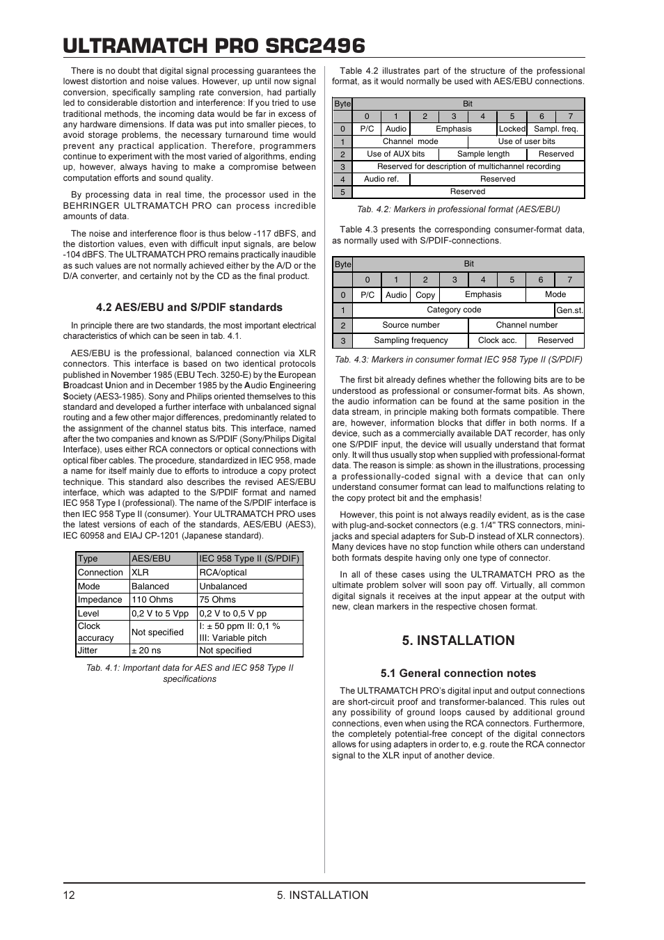 Ultramatch pro src2496, Installation, 2 aes/ebu and s/pdif standards | Behringer SRC2496 User Manual | Page 12 / 16