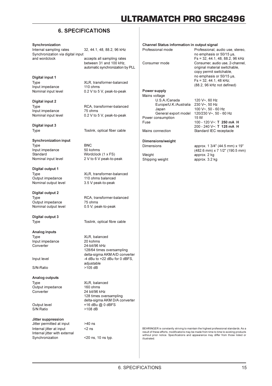 Ultramatch pro src2496, Specifications | Behringer SRC2496 User Manual | Page 15 / 16