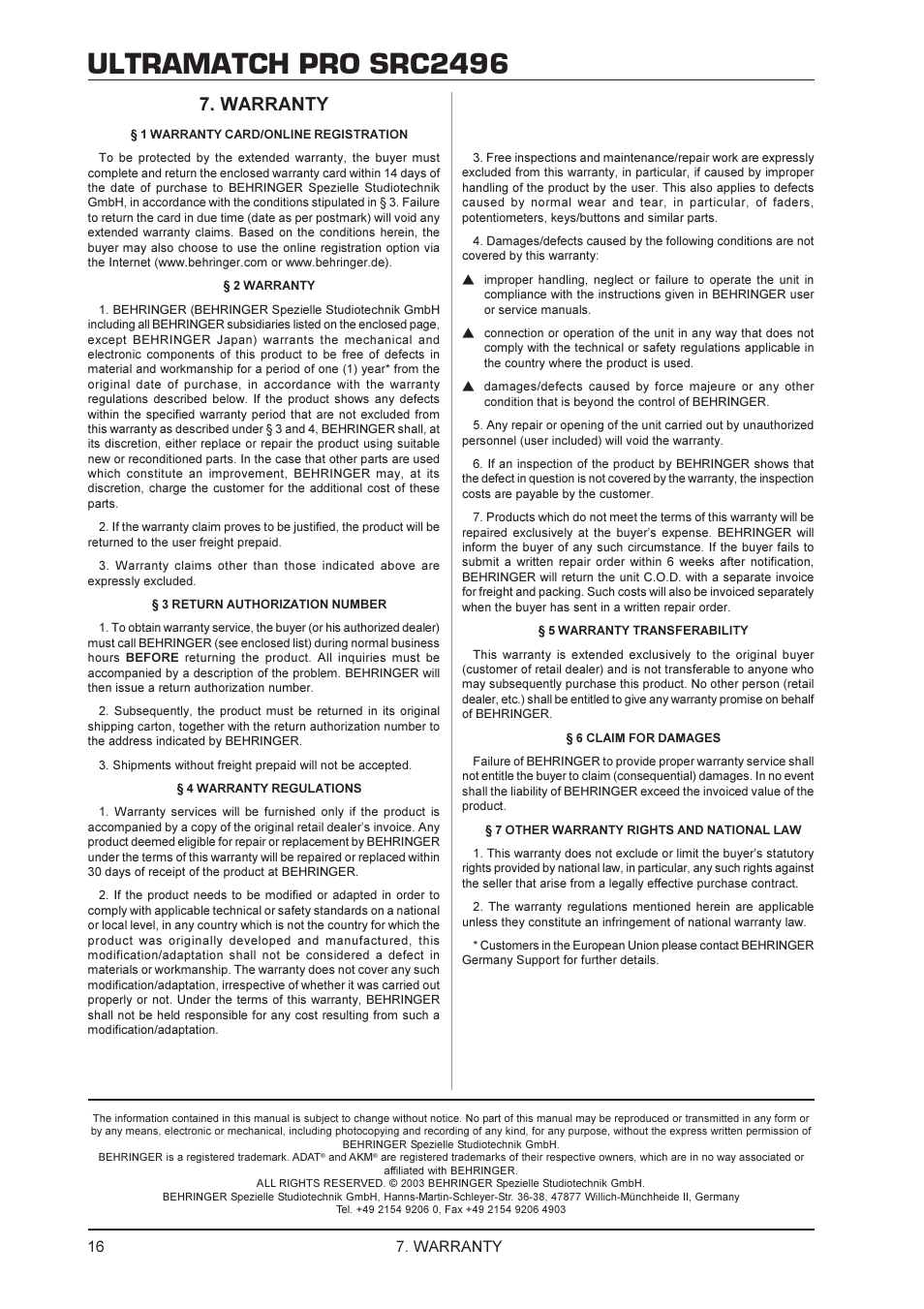 Ultramatch pro src2496, Warranty | Behringer SRC2496 User Manual | Page 16 / 16