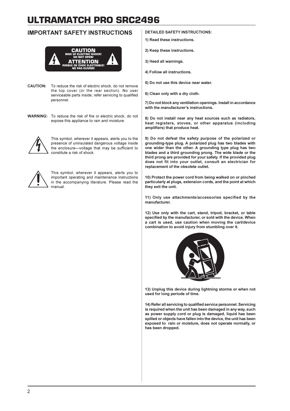 Ultramatch pro src2496, Important safety instructions | Behringer SRC2496 User Manual | Page 2 / 16