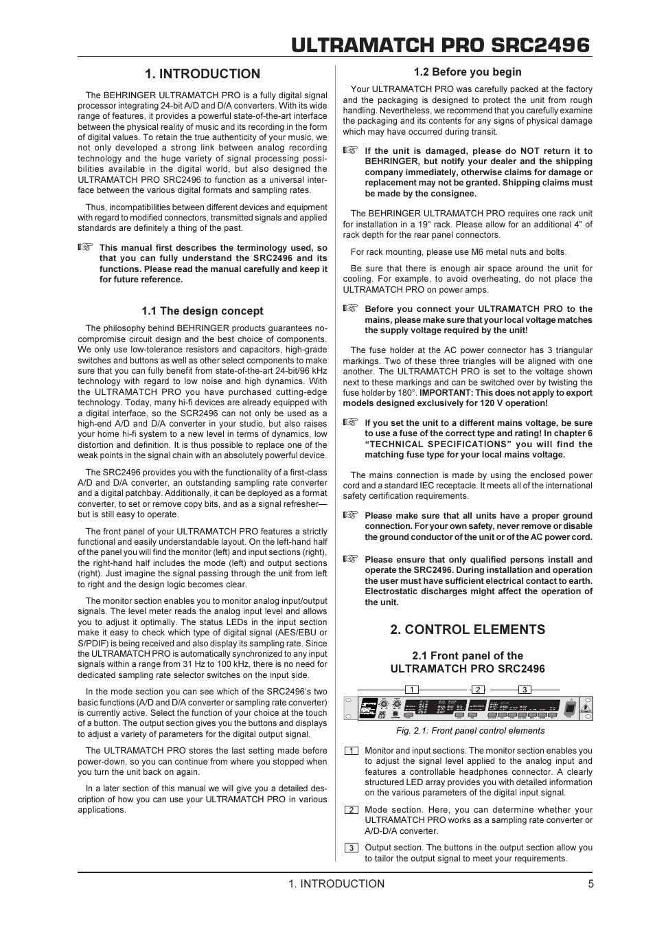 Ultramatch pro src2496, Introduction, Control elements | Behringer SRC2496 User Manual | Page 5 / 16