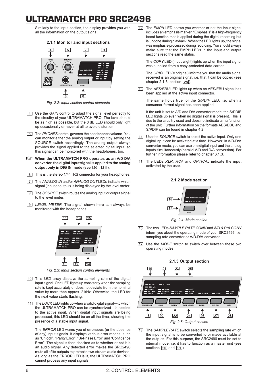 Ultramatch pro src2496, Control elements | Behringer SRC2496 User Manual | Page 6 / 16