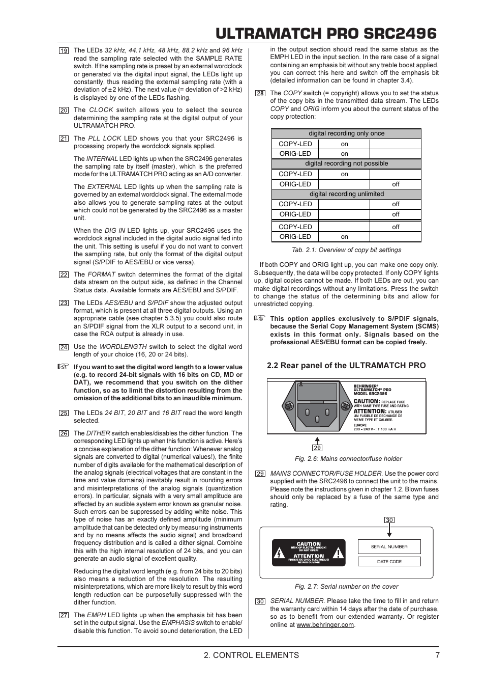 Ultramatch pro src2496, Control elements, 2 rear panel of the ultramatch pro | Behringer SRC2496 User Manual | Page 7 / 16
