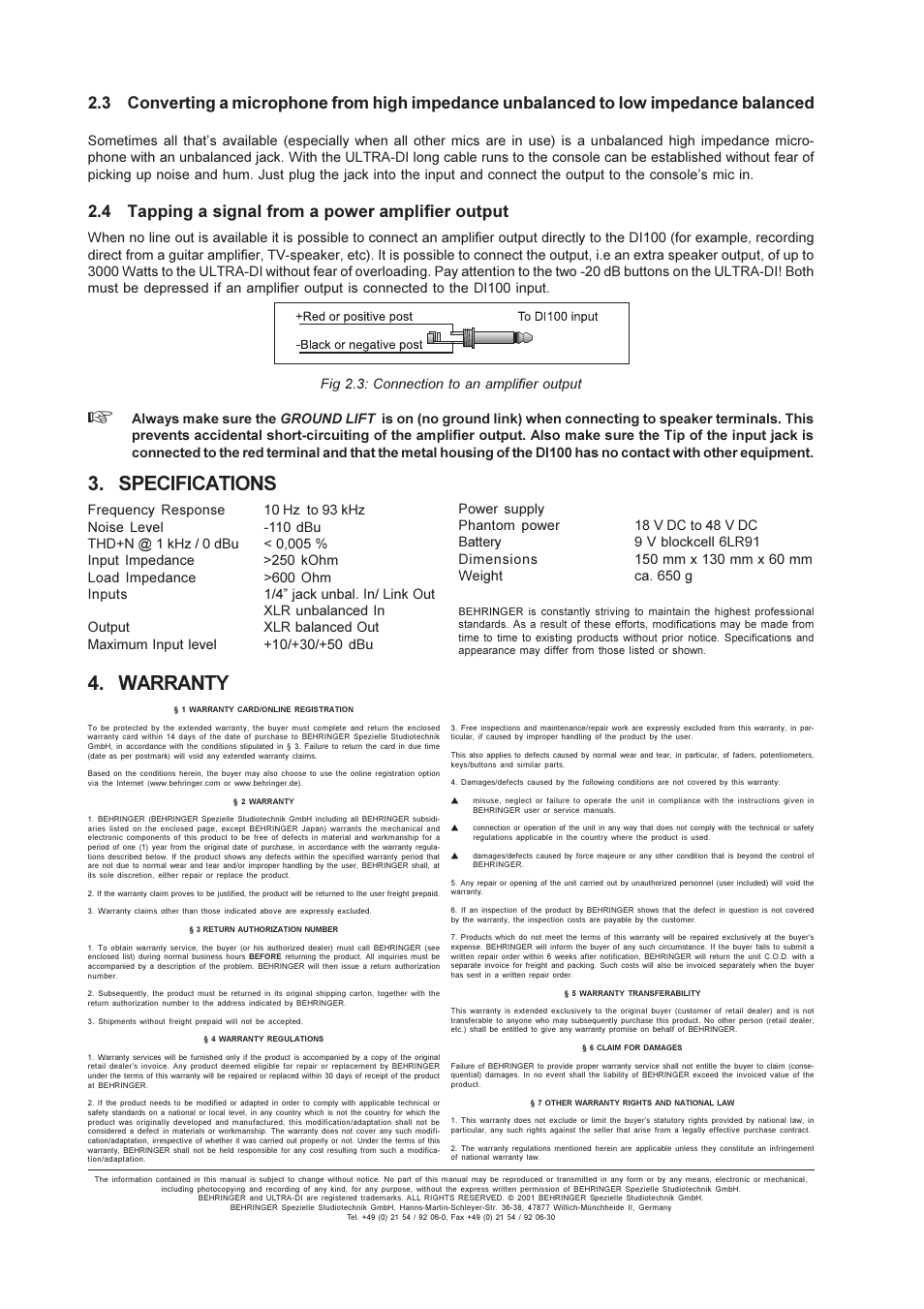 Specifications, Warranty, 4 tapping a signal from a power amplifier output | Behringer ULTRA-DI DI100 User Manual | Page 4 / 4