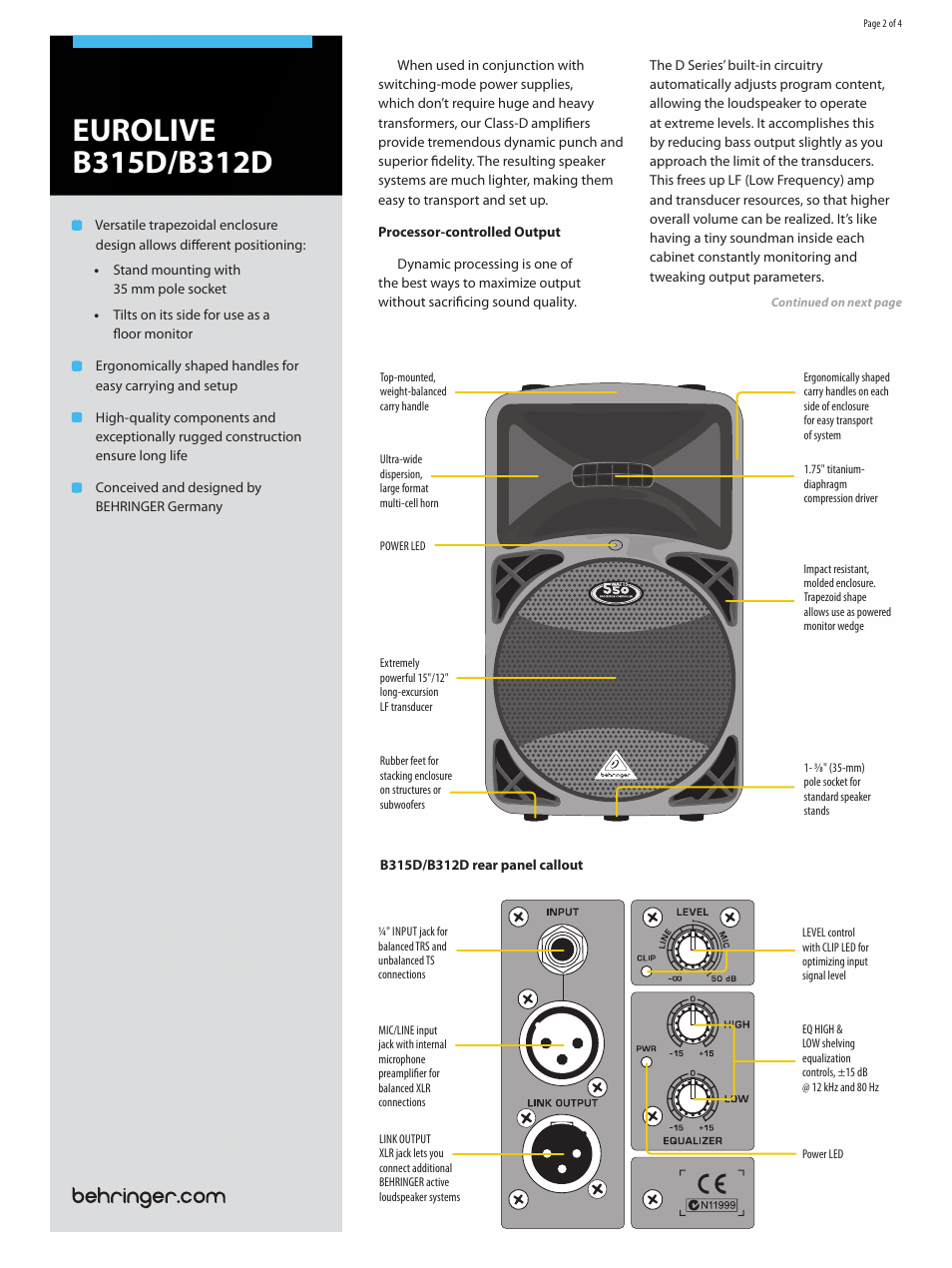 Behringer EUROLIVE D Series B315D User Manual | Page 2 / 4