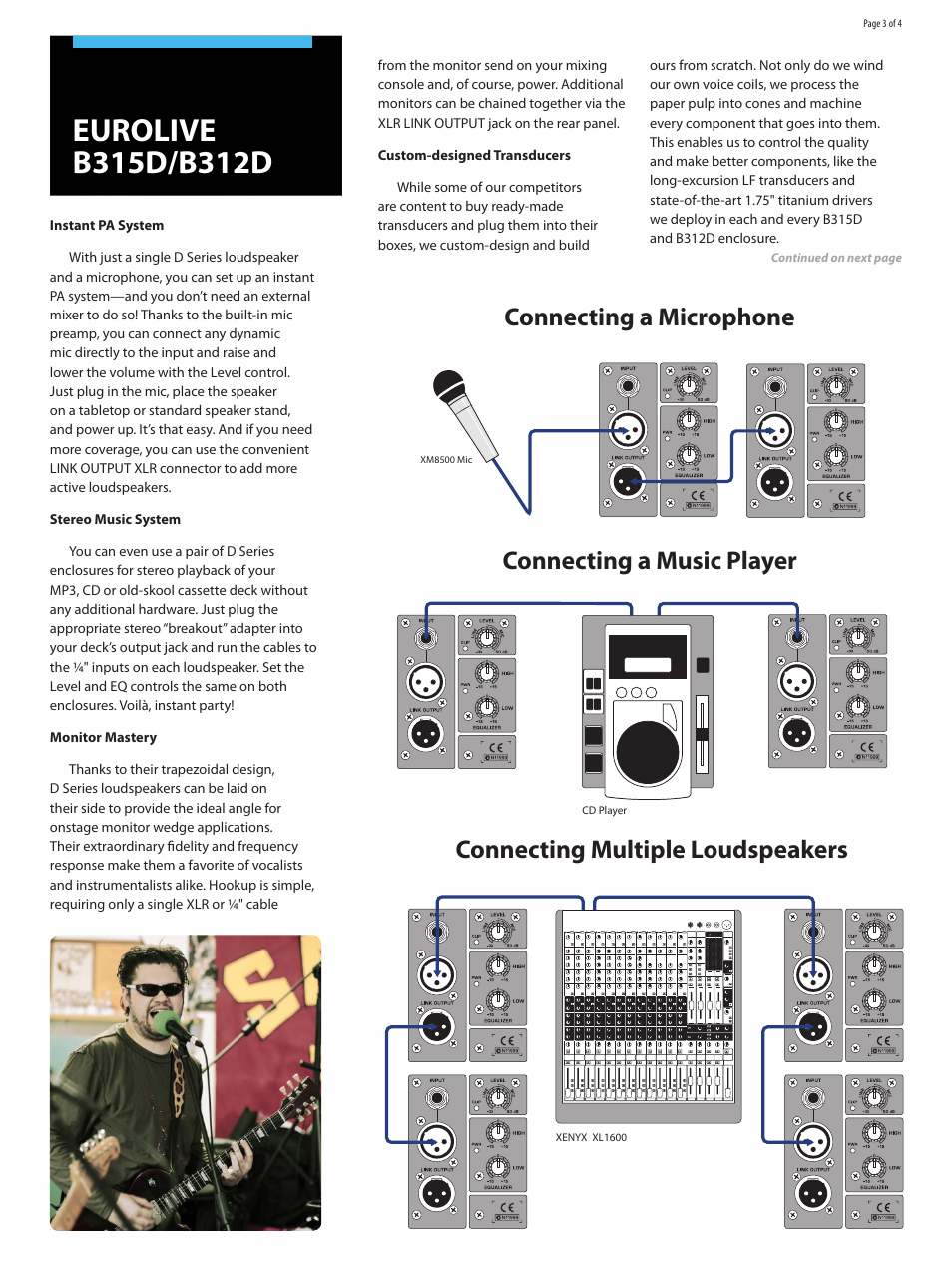 Connecting a microphone, Connecting a music player, Connecting multiple loudspeakers | Behringer EUROLIVE D Series B315D User Manual | Page 3 / 4