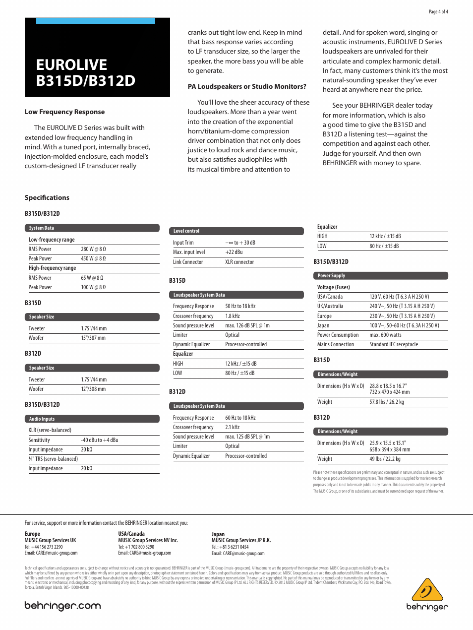 Behringer EUROLIVE D Series B315D User Manual | Page 4 / 4