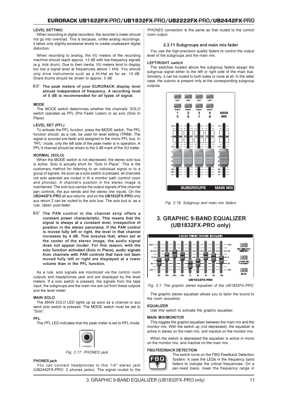 Eurorack ub1622fx, Ub1832fx, Ub2222fx | Ub2442fx, 11 subgroups and main mix fader | Behringer UB1622FX-PRO User Manual | Page 11 / 16