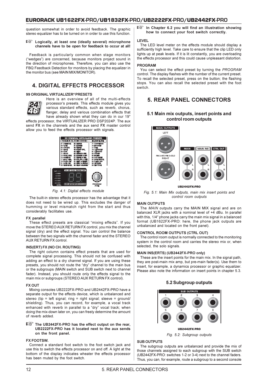Eurorack ub1622fx, Ub1832fx, Ub2222fx | Ub2442fx, Digital effects processor, Rear panel connectors | Behringer UB1622FX-PRO User Manual | Page 12 / 16