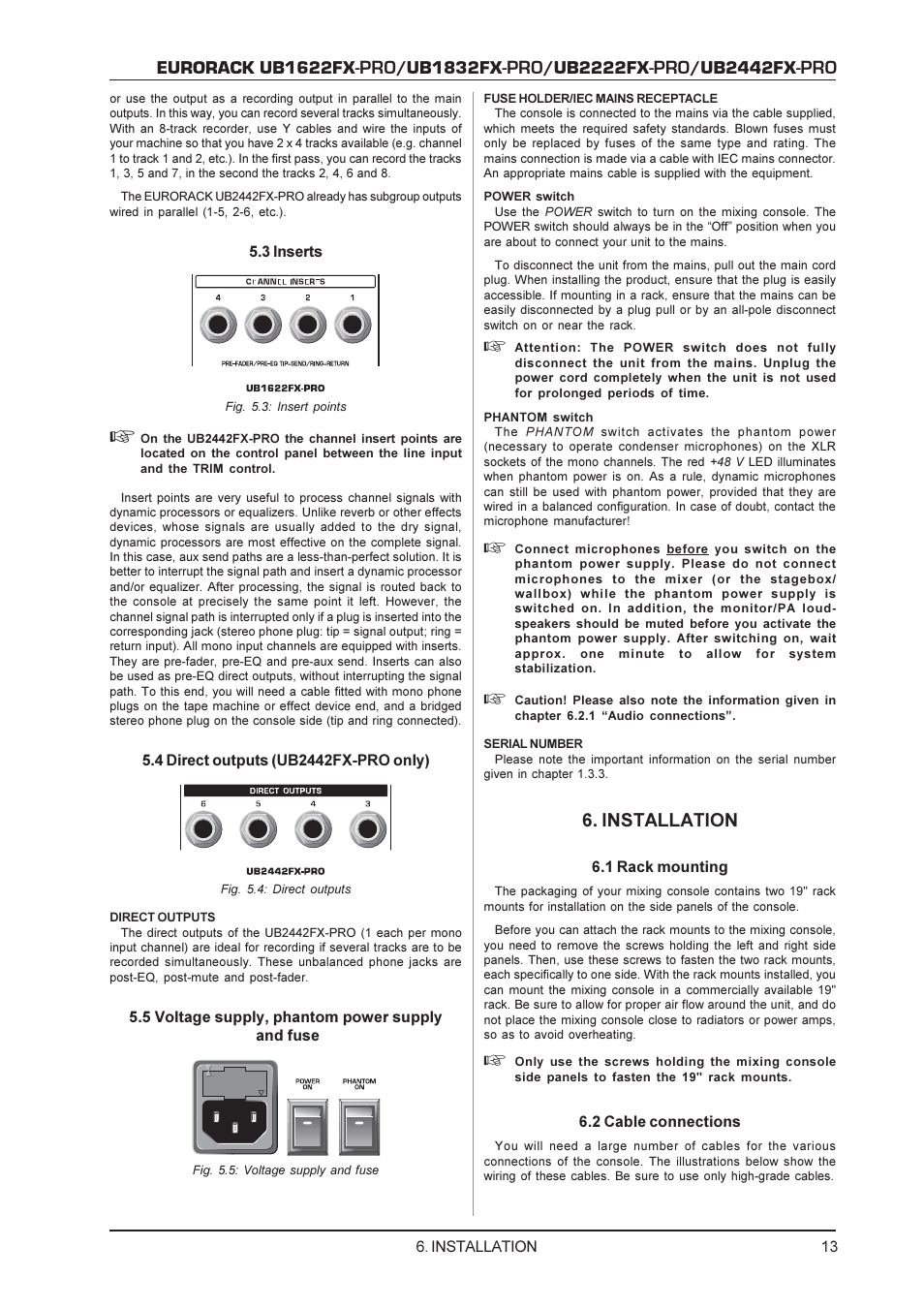 Eurorack ub1622fx, Ub1832fx, Ub2222fx | Ub2442fx, Installation | Behringer UB1622FX-PRO User Manual | Page 13 / 16