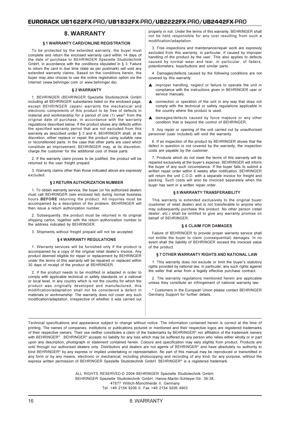 Eurorack ub1622fx, Ub1832fx, Ub2222fx | Ub2442fx, Warranty | Behringer UB1622FX-PRO User Manual | Page 16 / 16