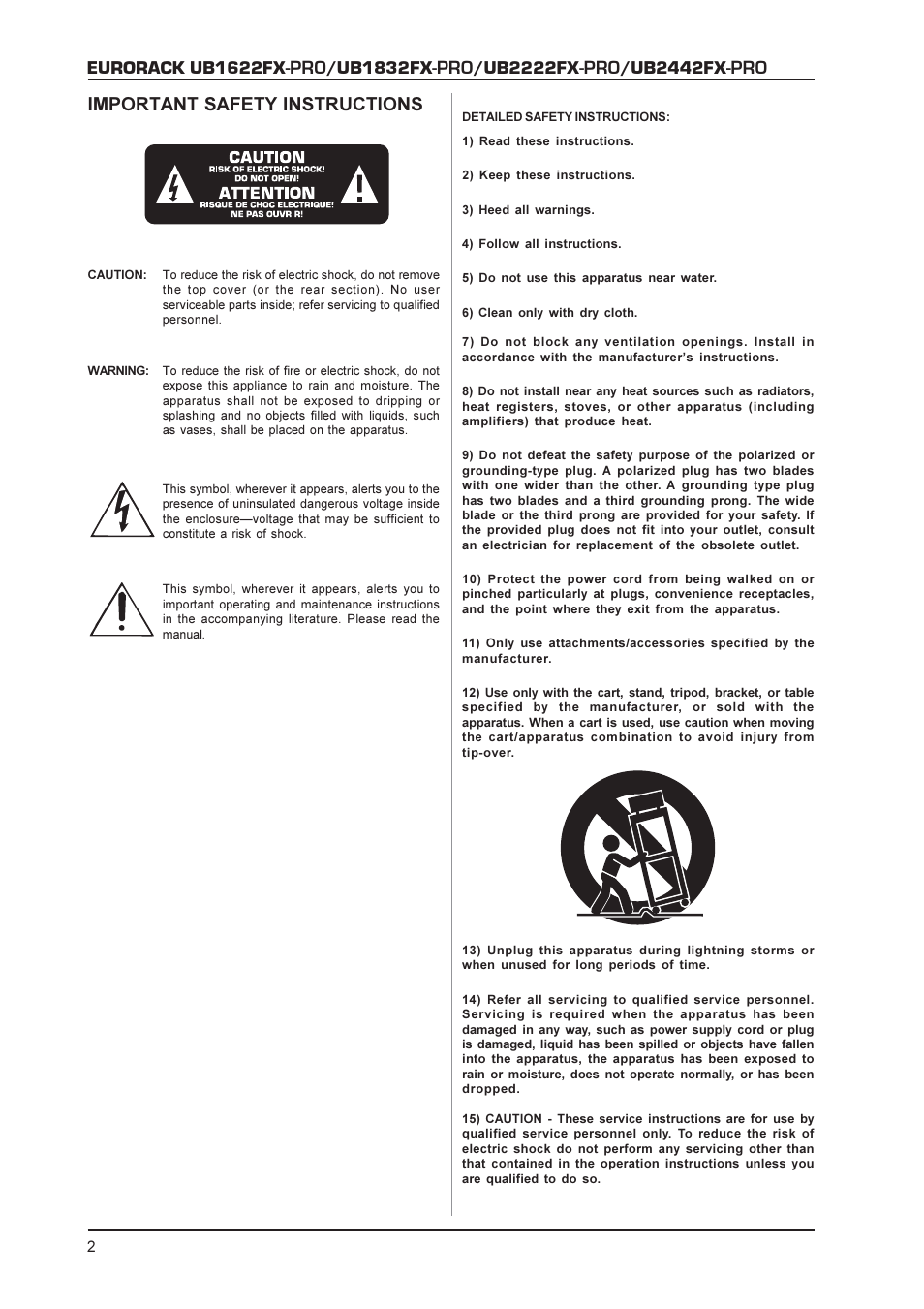 Eurorack ub1622fx, Ub1832fx, Ub2222fx | Ub2442fx, Important safety instructions | Behringer UB1622FX-PRO User Manual | Page 2 / 16