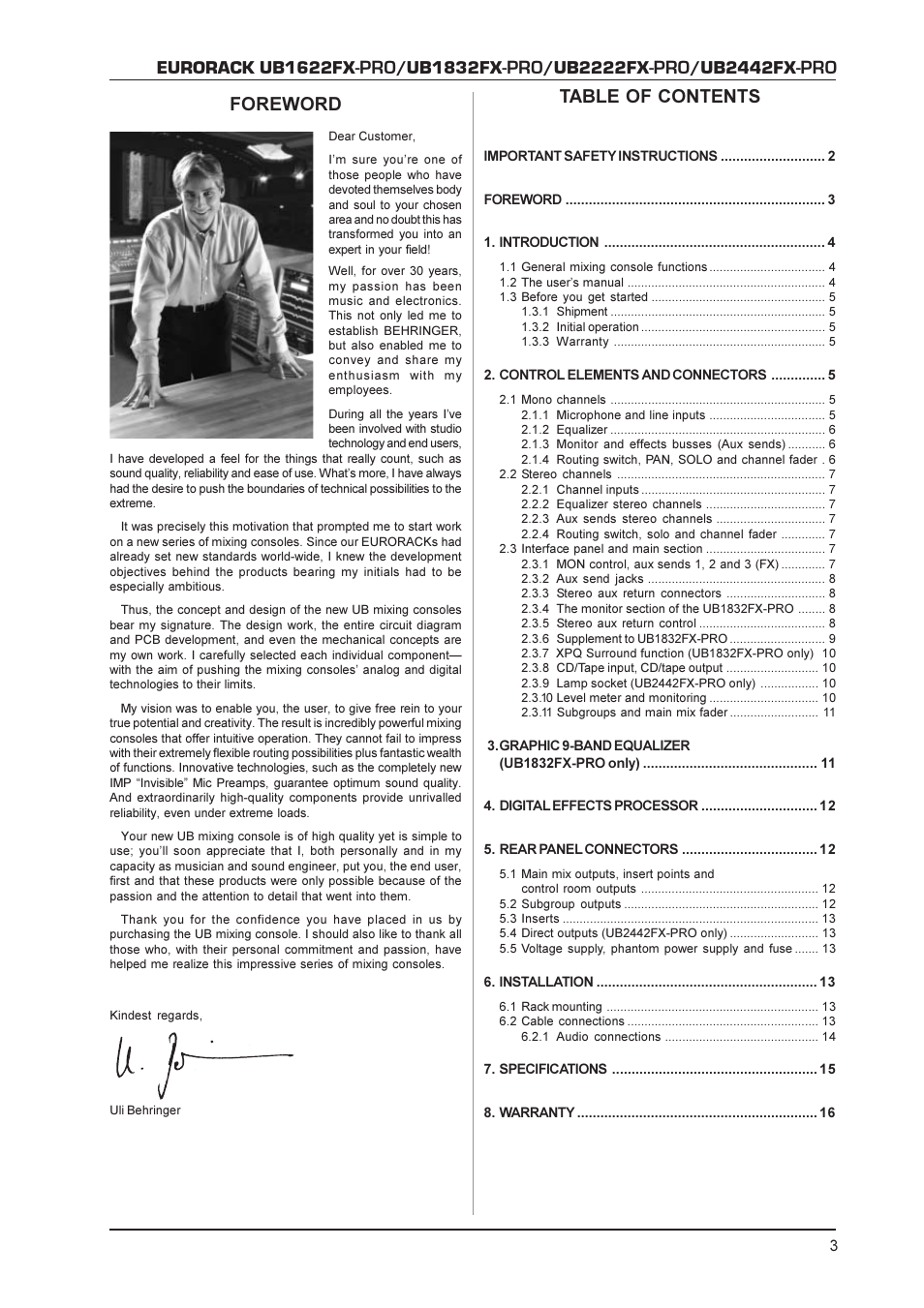 Eurorack ub1622fx, Ub1832fx, Ub2222fx | Ub2442fx, Foreword table of contents | Behringer UB1622FX-PRO User Manual | Page 3 / 16