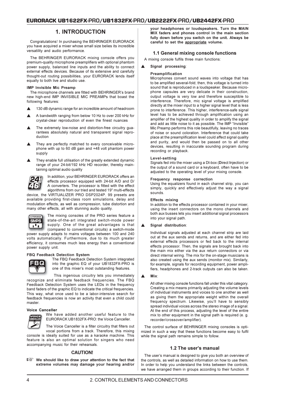 Eurorack ub1622fx, Ub1832fx, Ub2222fx | Ub2442fx, Introduction | Behringer UB1622FX-PRO User Manual | Page 4 / 16