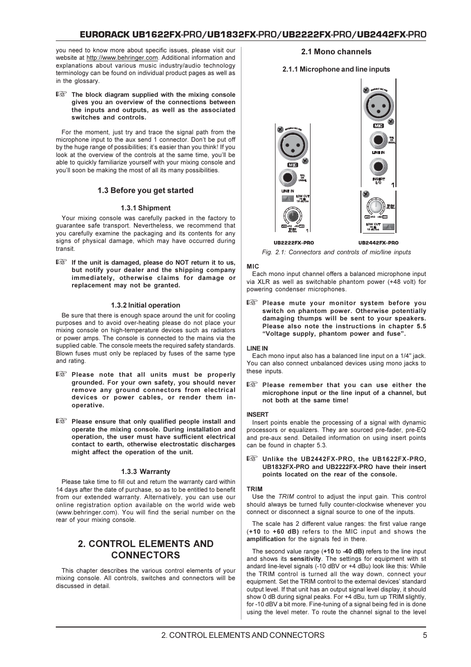 Eurorack ub1622fx, Ub1832fx, Ub2222fx | Ub2442fx, Control elements and connectors | Behringer UB1622FX-PRO User Manual | Page 5 / 16