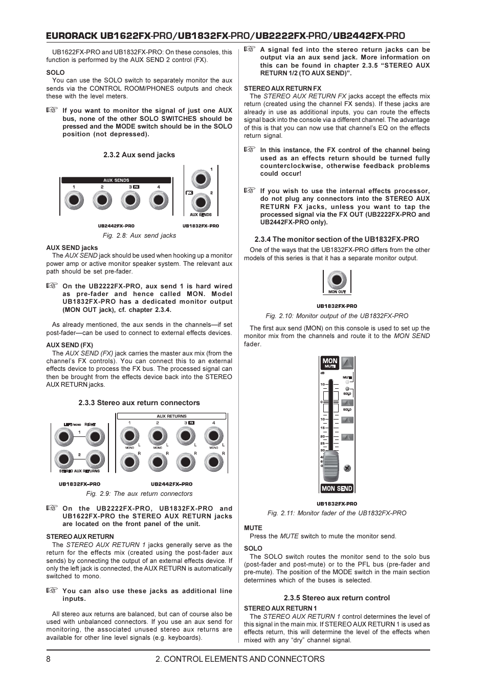 Eurorack ub1622fx, Ub1832fx, Ub2222fx | Ub2442fx | Behringer UB1622FX-PRO User Manual | Page 8 / 16