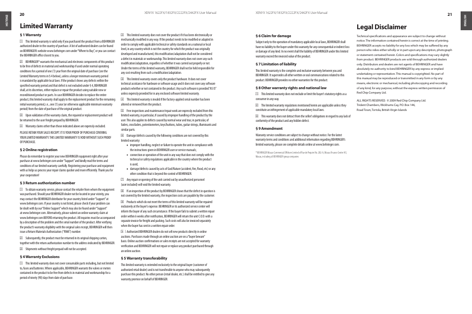 Limited warranty, Legal disclaimer, Limited warranty legal disclaimer | Legal disclaimer en | Behringer XENYX 1622FX User Manual | Page 11 / 12