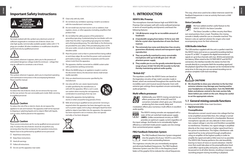 Important safety instructions, Introduction, Important safety instructions 1. introduction | En introduction 1 | Behringer XENYX 1622FX User Manual | Page 2 / 12