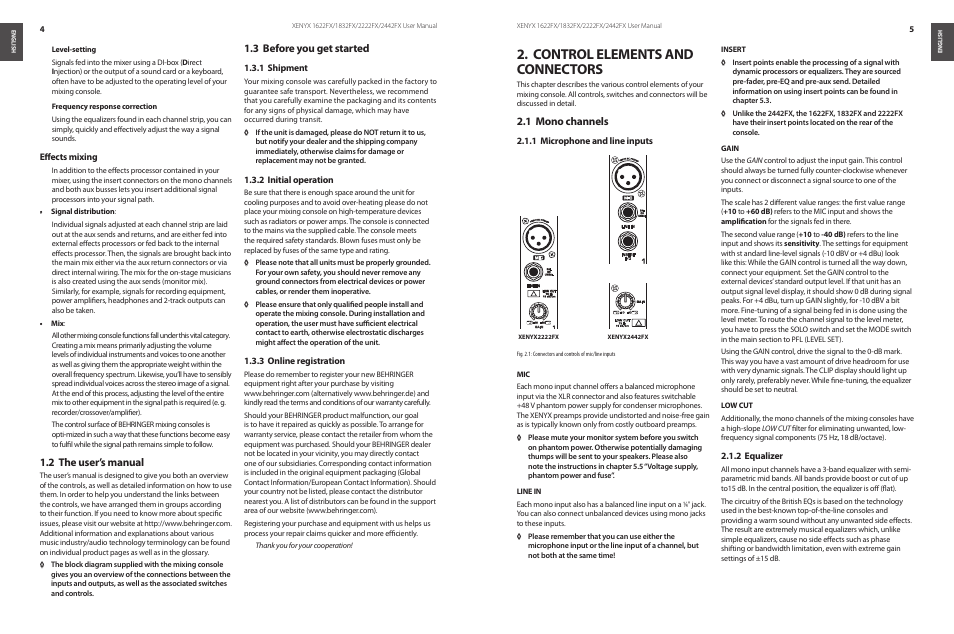 Control elements and connectors, Control elements and 2. connectors, The user’s manual 1.2 | Before you get started 1.3, Mono channels 2.1 | Behringer XENYX 1622FX User Manual | Page 3 / 12