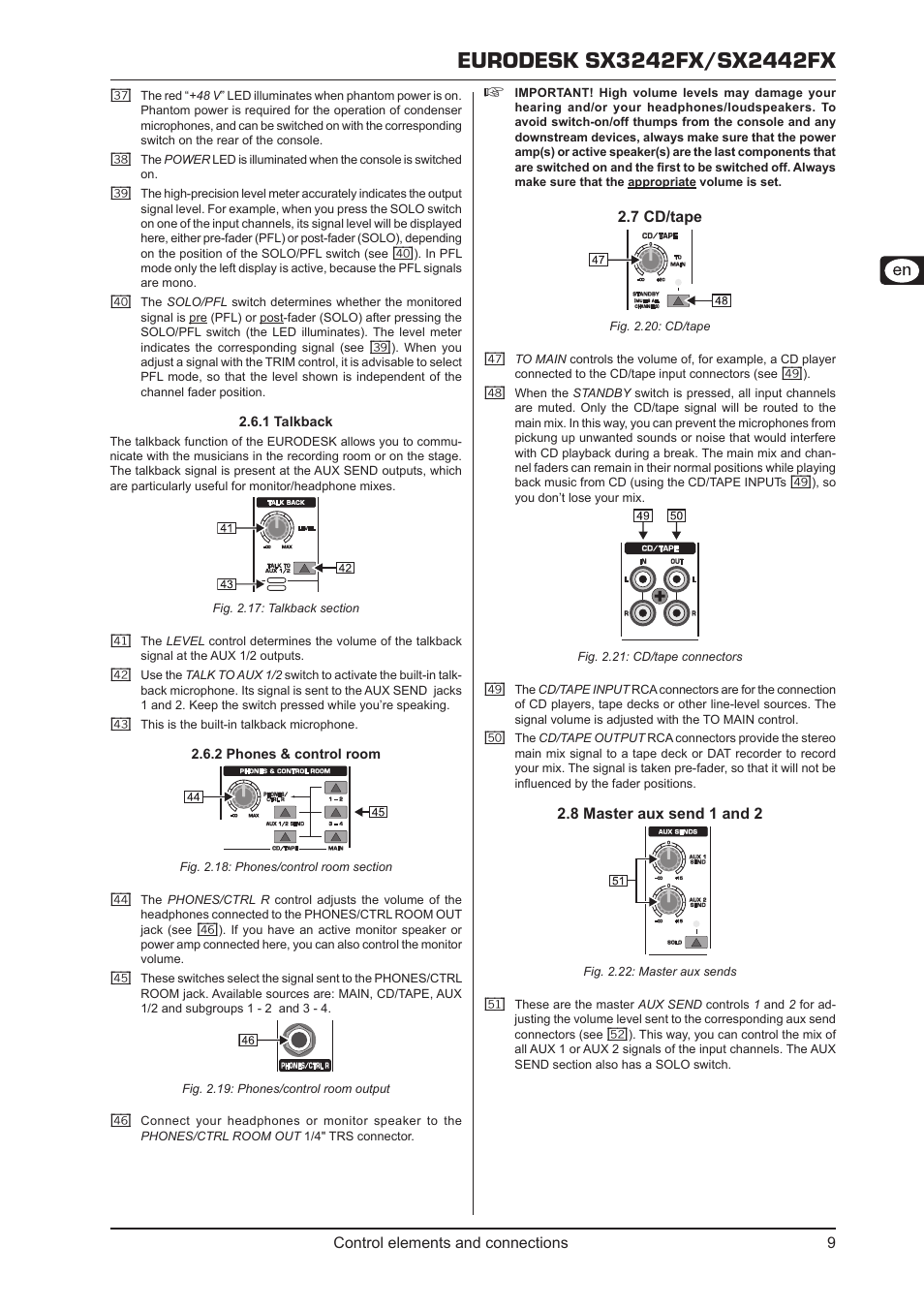 1 talkback, 2 phones & control room, 7 cd/tape | 8 master aux send 1 and 2, 1 talkback 2.6.2 phones & control room, 7 cd/tape 2.8 master aux send 1 and 2, Control elements and connections 9, Cd/tape 2.7, Master aux send 1 and 2 2.8 | Behringer EURODESK SX2442FX User Manual | Page 9 / 18