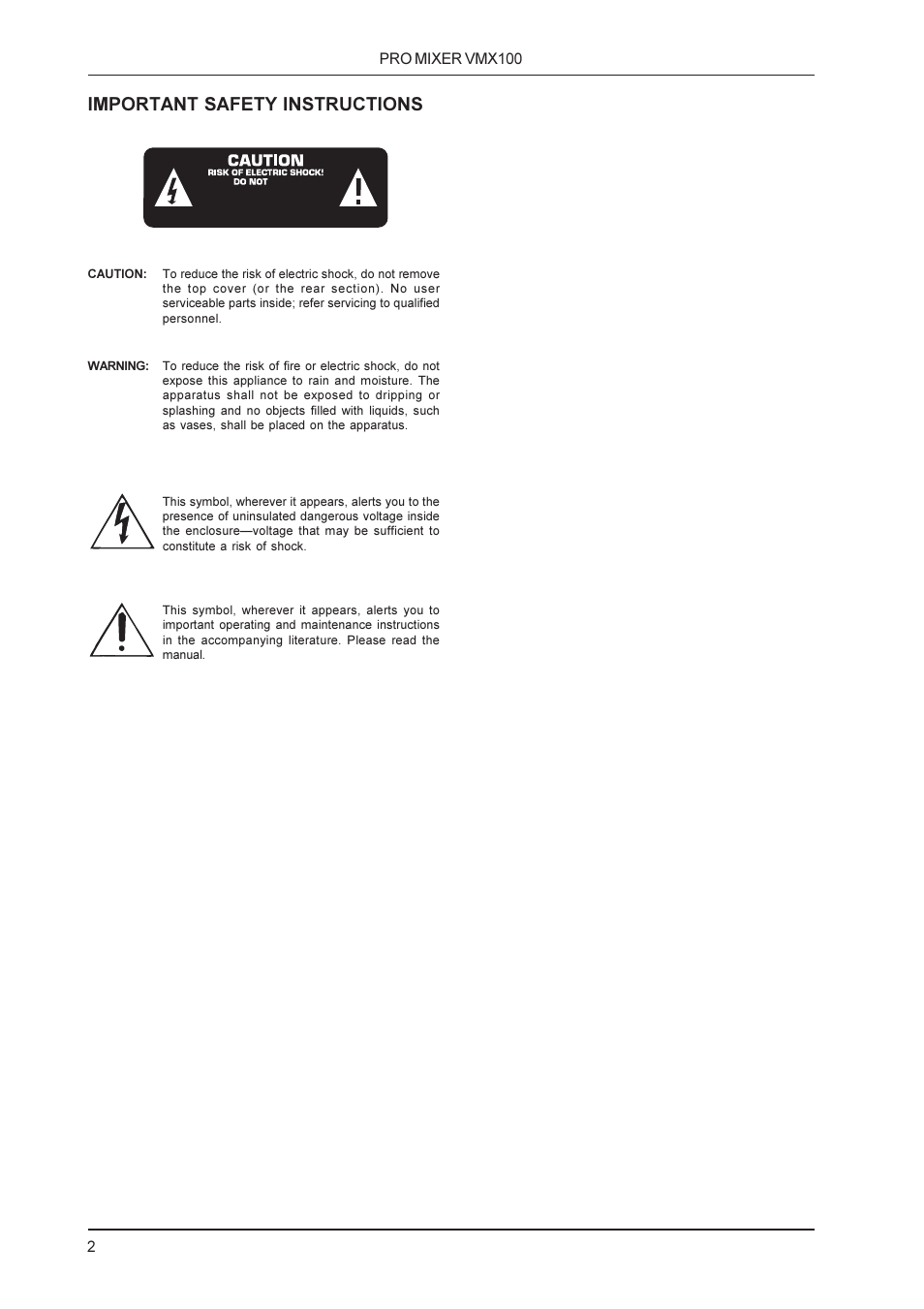 Important safety instructions | Behringer PRO MIXER User Manual | Page 2 / 11