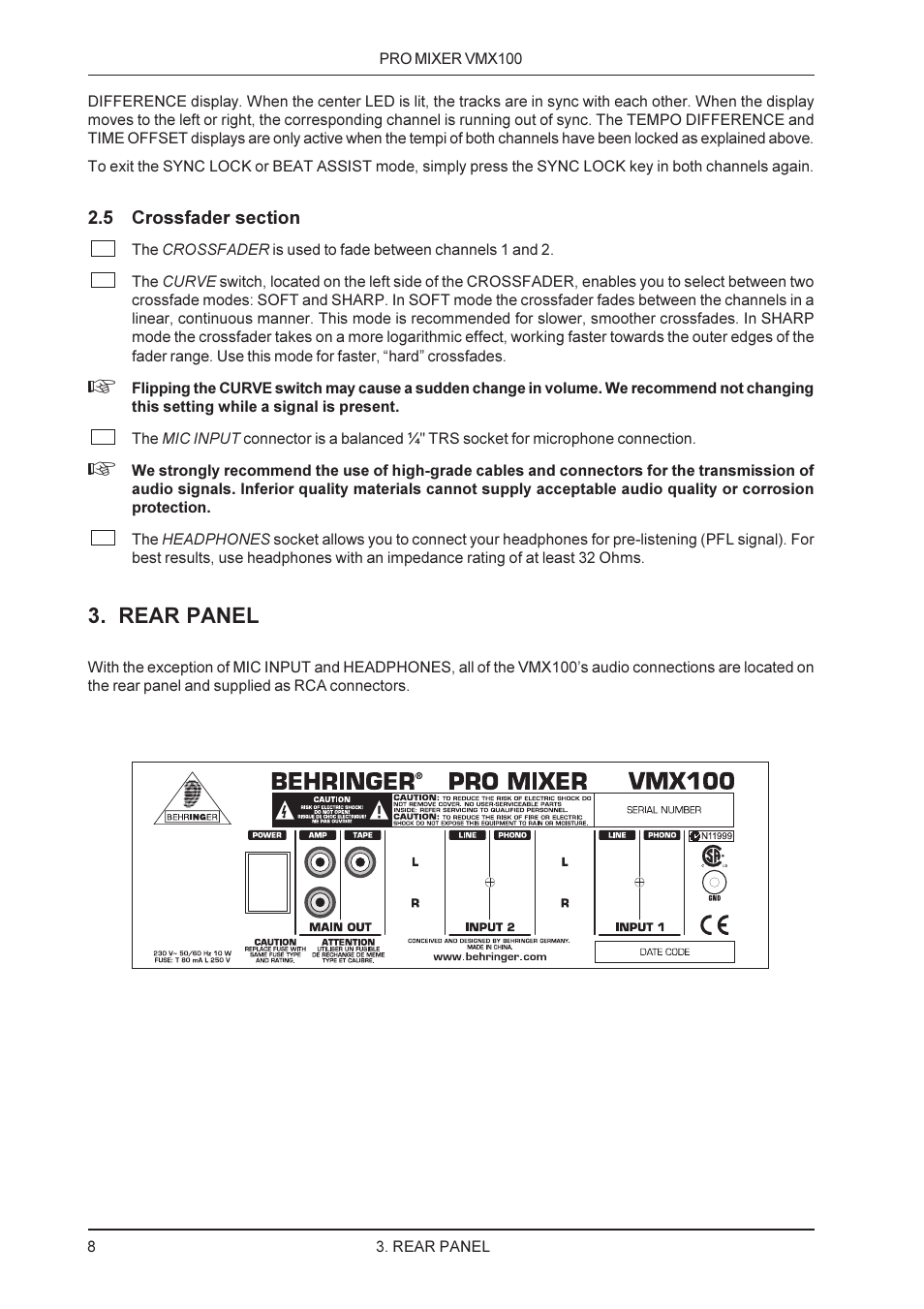 Rear panel | Behringer PRO MIXER User Manual | Page 8 / 11