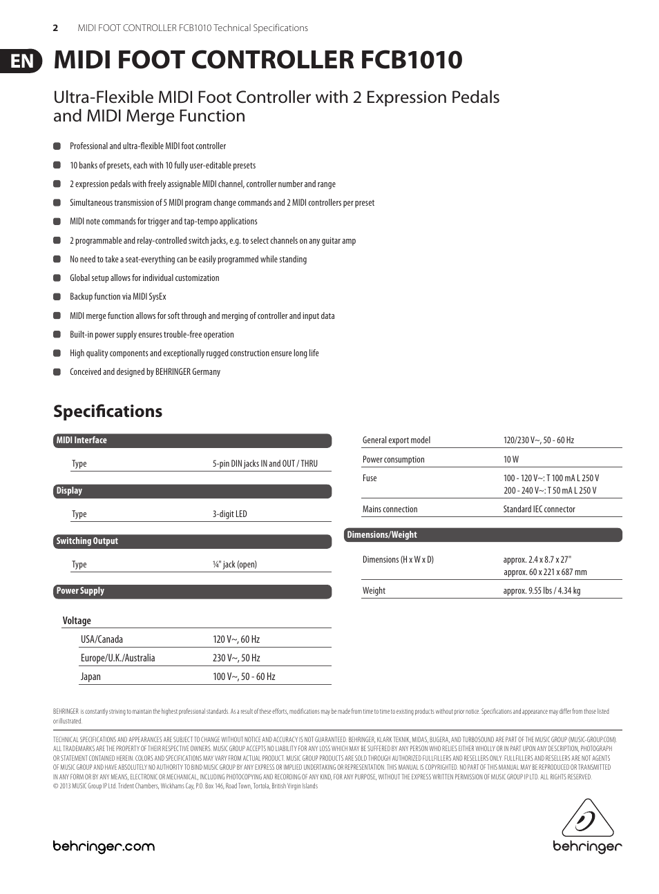 Midi foot controller fcb1010, Specifications | Behringer MIDI Foot Controller FCB1010 User Manual | Page 2 / 2