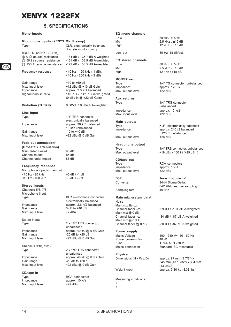 Xenyx 1222fx, Specifications | Behringer XENYX 1222FX User Manual | Page 14 / 15