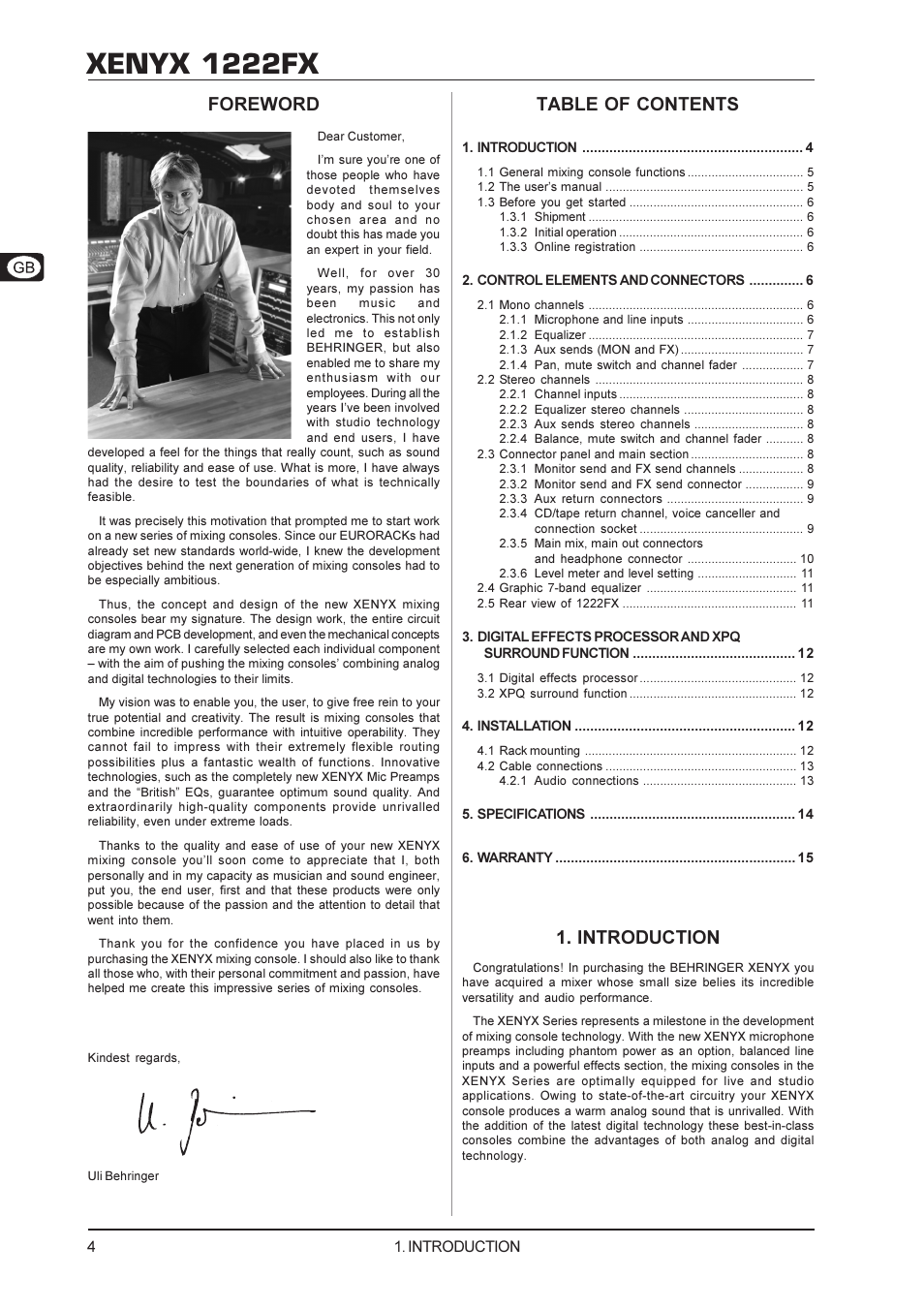 Xenyx 1222fx, Introduction, Foreword table of contents | Behringer XENYX 1222FX User Manual | Page 4 / 15