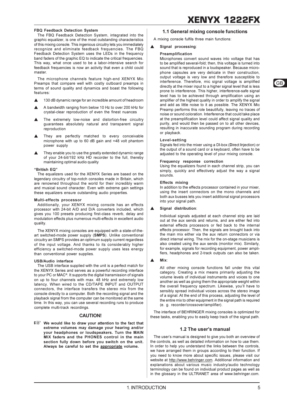 Xenyx 1222fx, Caution, 1 general mixing console functions | 2 the users manual, Introduction | Behringer XENYX 1222FX User Manual | Page 5 / 15