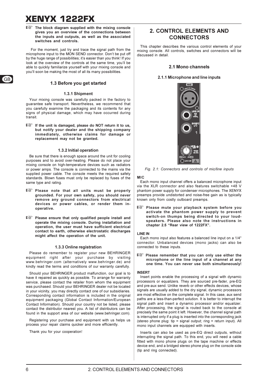 Xenyx 1222fx, Control elements and connectors | Behringer XENYX 1222FX User Manual | Page 6 / 15