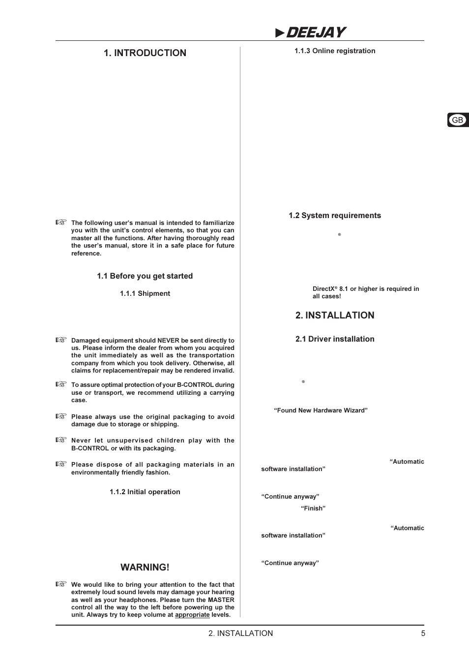 B-control deejay bcd2000, Introduction, Installation | Warning | Behringer BCD2000 User Manual | Page 5 / 16