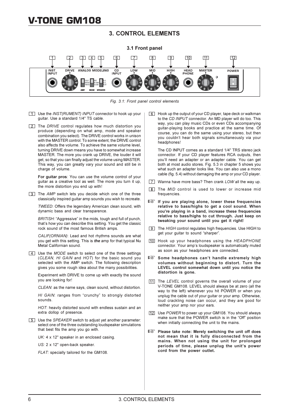 V-tone gm108, Control elements | Behringer gm108 User Manual | Page 6 / 10