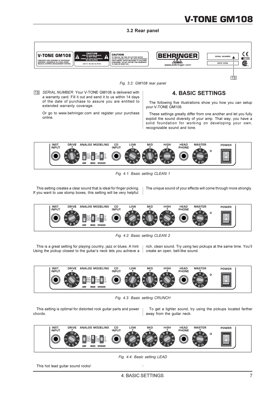 V-tone gm108, Basic settings | Behringer gm108 User Manual | Page 7 / 10