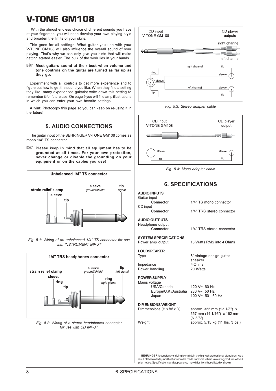 V-tone gm108, Audio connections, Specifications | Behringer gm108 User Manual | Page 8 / 10