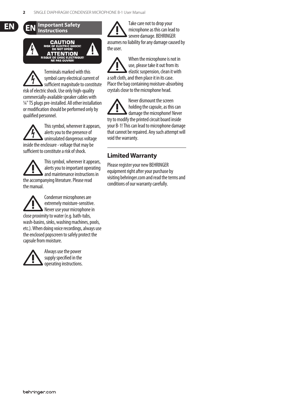 Behringer SINGLE DIAPHRAGM CONDENSER MICROPHONE B-1 User Manual | Page 2 / 5