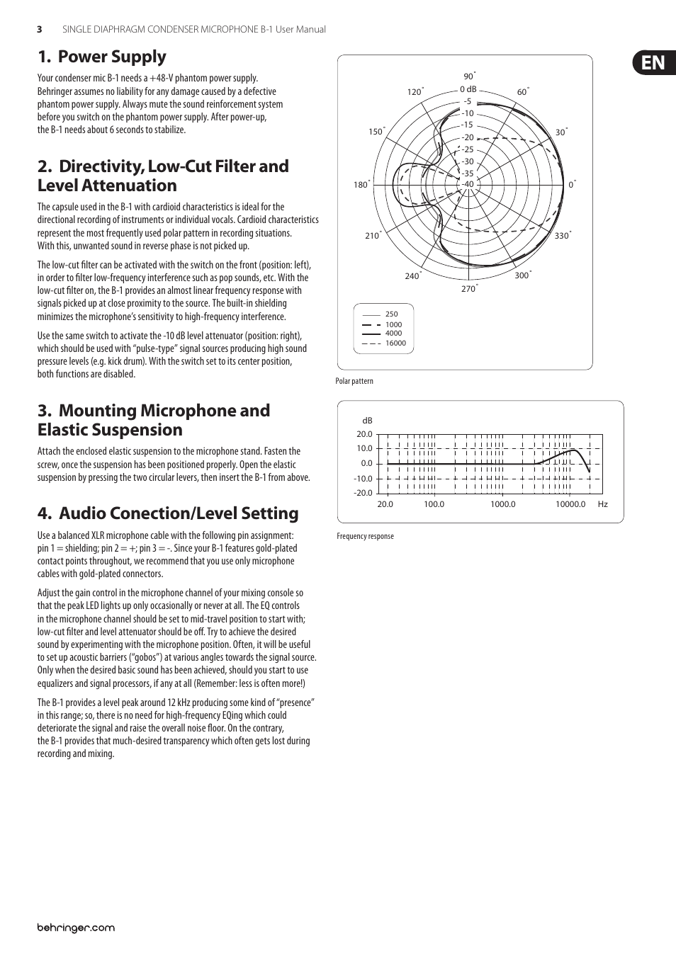 Power supply 1, Mounting microphone and 3. elastic suspension, Audio conection/level setting 4 | Behringer SINGLE DIAPHRAGM CONDENSER MICROPHONE B-1 User Manual | Page 3 / 5