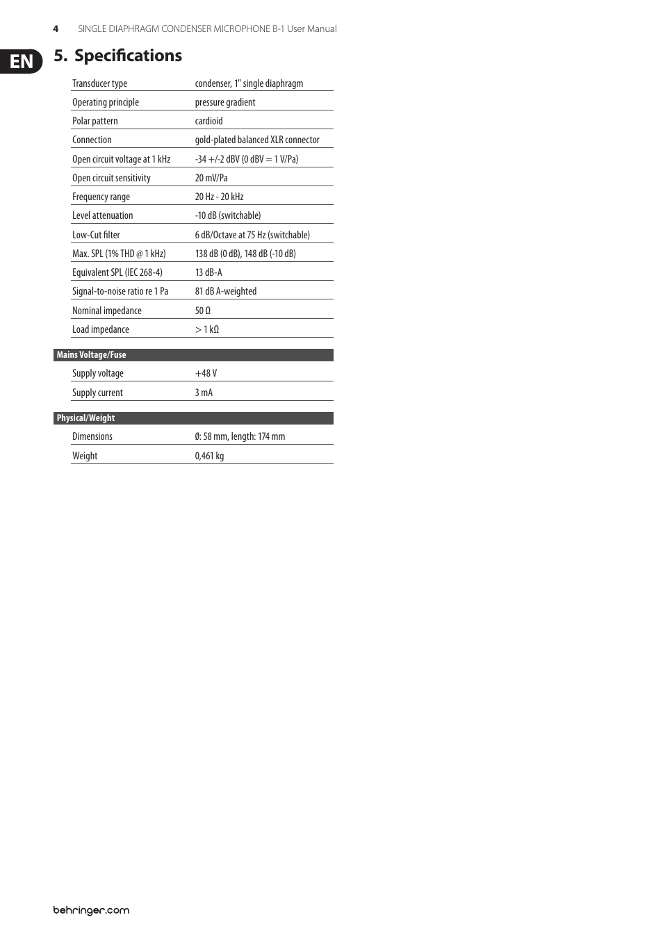 Specifications 5 | Behringer SINGLE DIAPHRAGM CONDENSER MICROPHONE B-1 User Manual | Page 4 / 5