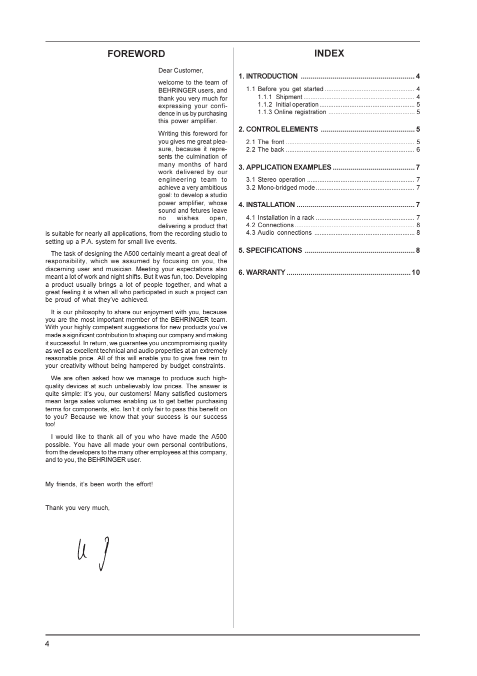 Reference amplifier a500, Index, Foreword | Behringer A500 User Manual | Page 4 / 10