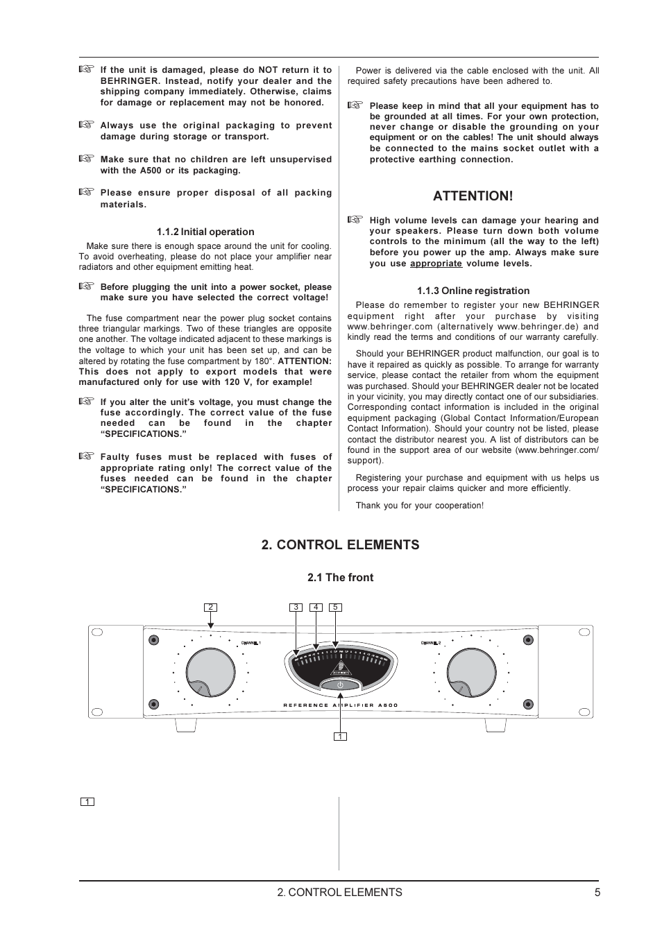 Reference amplifier a500, Attention, Control elements | Behringer A500 User Manual | Page 5 / 10