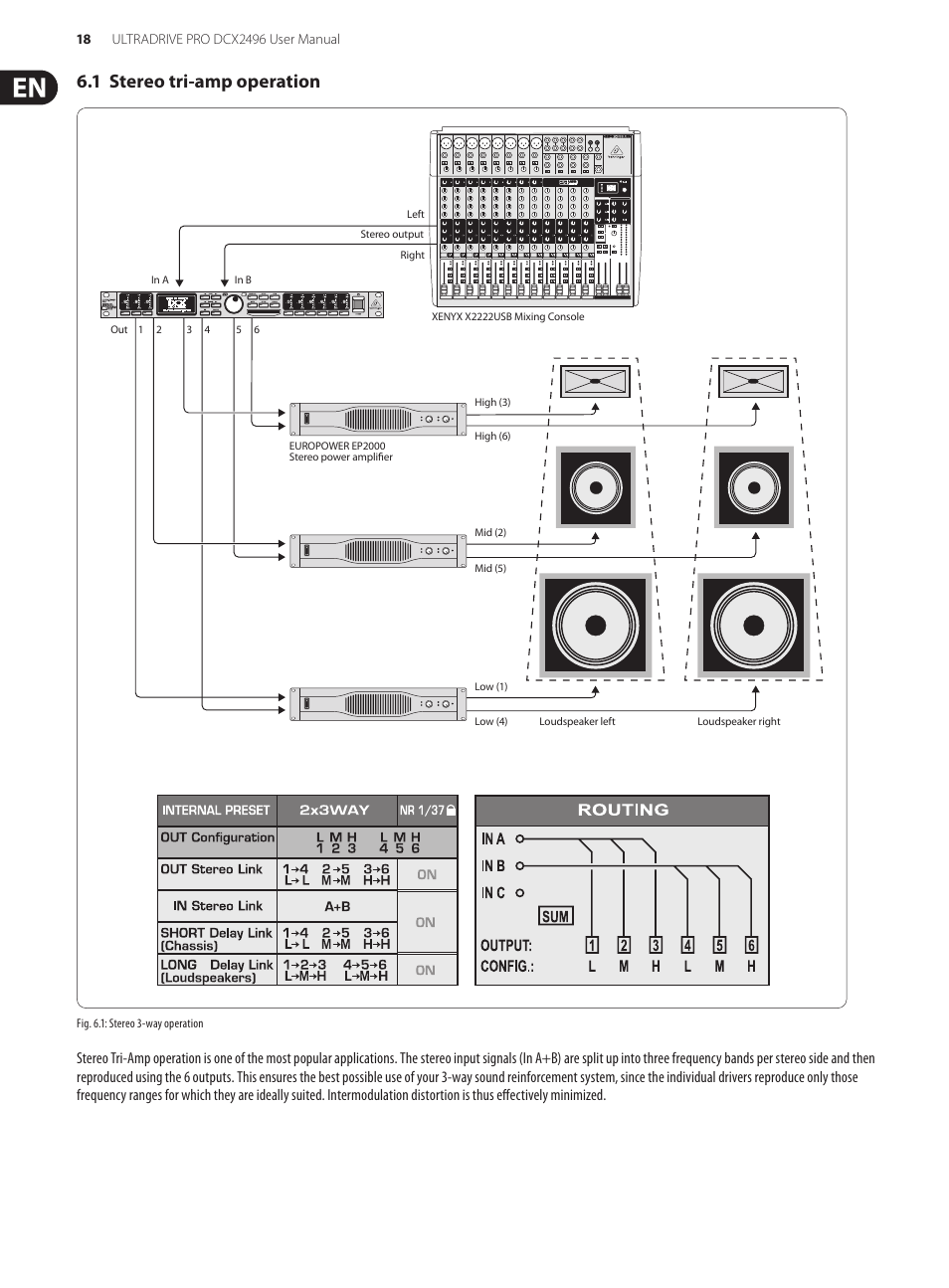 1 stereo tri-amp operation | Behringer UltraDrive Pro DCX2496 User Manual | Page 18 / 35