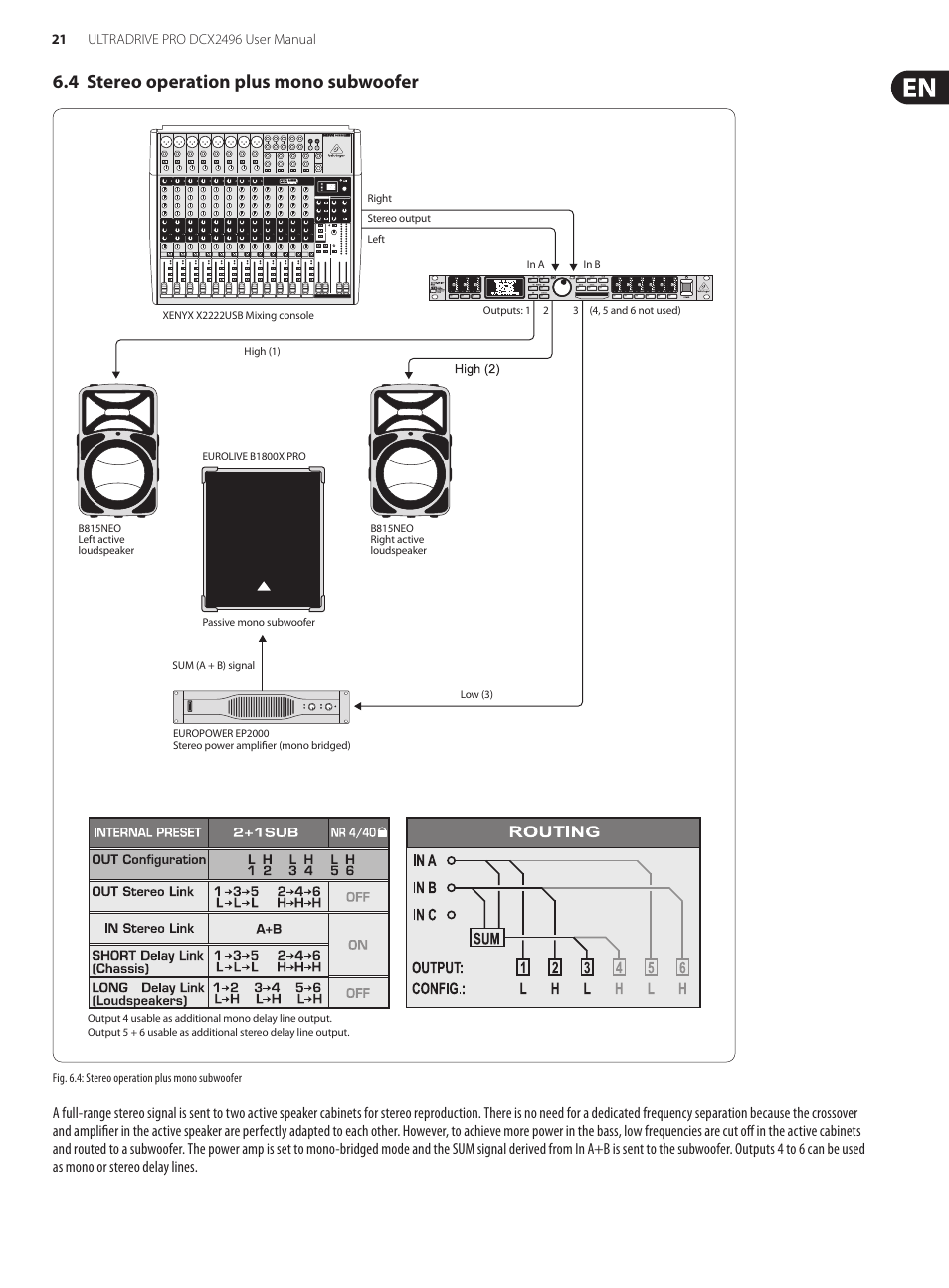 4 stereo operation plus mono subwoofer | Behringer UltraDrive Pro DCX2496 User Manual | Page 21 / 35