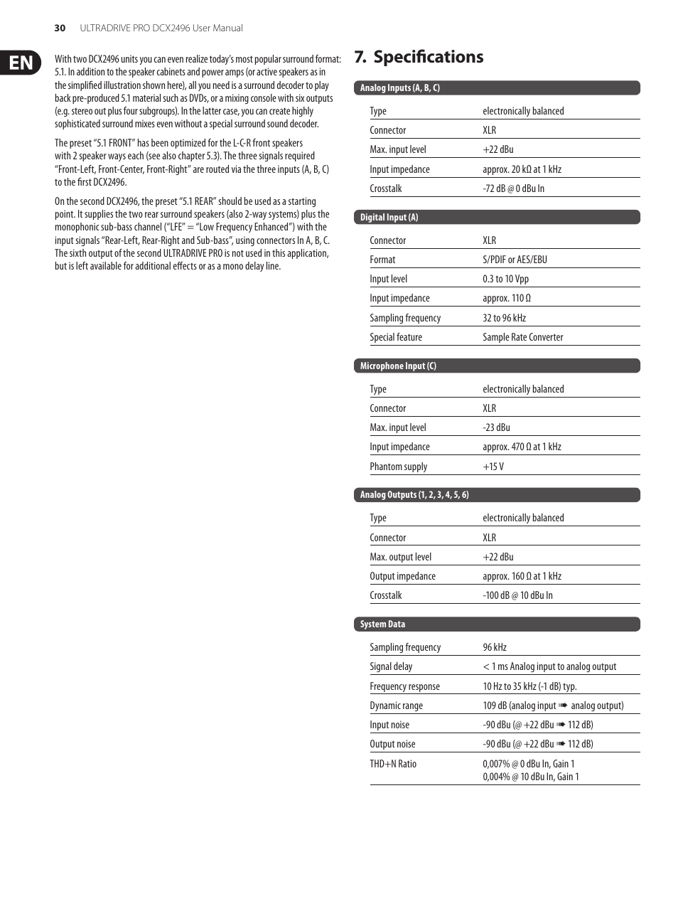 Specifications | Behringer UltraDrive Pro DCX2496 User Manual | Page 30 / 35
