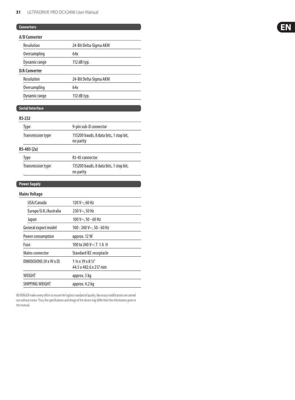 Behringer UltraDrive Pro DCX2496 User Manual | Page 31 / 35