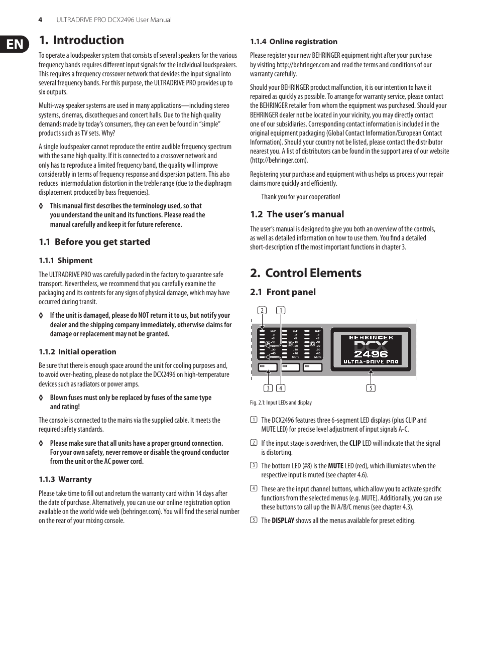 Introduction, Control elements | Behringer UltraDrive Pro DCX2496 User Manual | Page 4 / 35