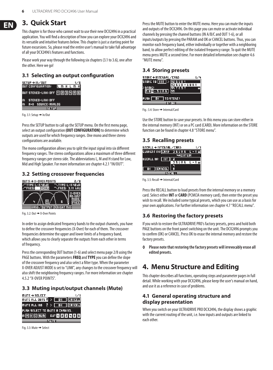 Quick start, Menu structure and editing | Behringer UltraDrive Pro DCX2496 User Manual | Page 6 / 35